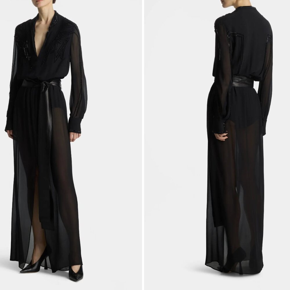 St. John Tonal Beaded Long Sleeve Silk Georgette Gown